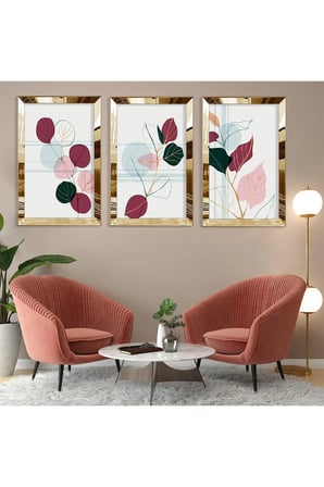 Soyut Desen Yaprak Gold Pleksi Kenar Üçlü Mdf Tablo Seti