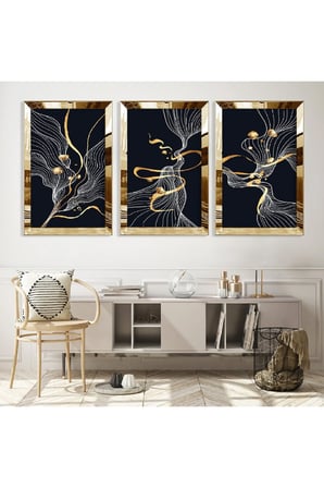 Gold Aynalı Pleksi Çerçeveli Desenli Soyut Şekiller Üçlü Mdf Tablo Seti