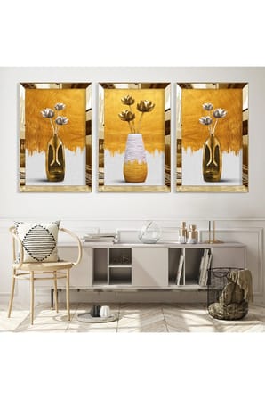 Vazolu Çiçek Soyut Desen Gold Pleksi Kenar Üçlü Mdf Tablo Seti