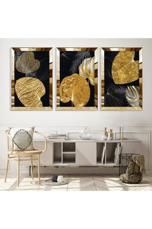 Gold Aynalı Pleksi Çerçeveli Aynalı Üçlü Mdf Tablo Seti