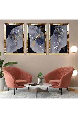 Mor Bitki Soyut Desen Gold Pleksi Kenar Üçlü Mdf Tablo Seti