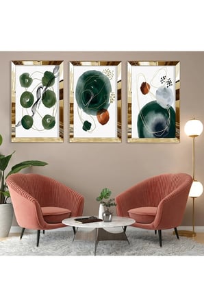 Soyut Desen Gold Pleksi Kenar Üçlü Mdf Tablo Seti