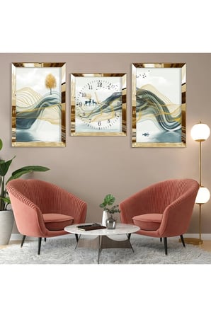 Soyut Desen Gold Pleksi Kenar Üçlü Mdf Tablo Seti Ve Saat Seti