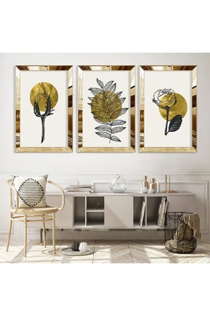 Minimalist Çiçek Soyut Desen Gold Pleksi Kenar Üçlü Mdf Tablo Seti
