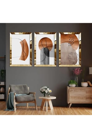 Minimalist Soyut Desen Gold Pleksi Kenar Üçlü Mdf Tablo Seti Ve Saat Seti