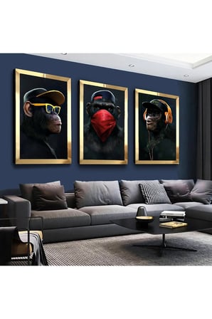 Zevahir Mobilya 3 Maymun Çerçeveli Tablo Seti Gold Pleksi 3 Parçalı MDF