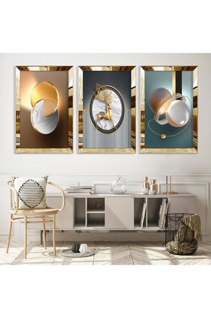 Gold Aynalı Pleksi Çerçeveli Minimalist Üçlü Soyut Desen Üçlü Mdf Tablo Seti