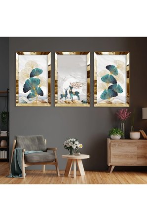 Soyut Desen Gold Pleksi Kenar Üçlü Mdf Tablo Seti