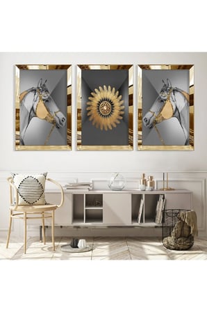 Gold Aynalı Pleksi Çerçeveli Minimalist Aynalı Üçlü Mdf Tablo Seti