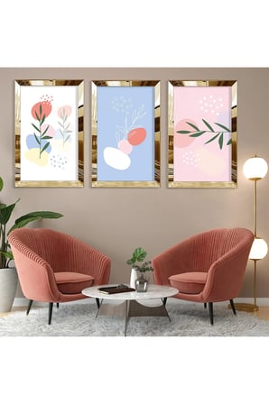 Minimalist Çiçek Soyut Desen Gold Pleksi Kenar Üçlü Mdf Tablo Seti