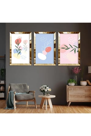 Minimalist Çiçek Soyut Desen Gold Pleksi Kenar Üçlü Mdf Tablo Seti