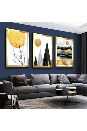 Gold Aynalı Pleksi Çerçeveli Kolaj Çizim Güneş Ve Dağ Üçlü Mdf Tablo Seti