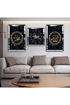 Gümüş Aynalı Pleksi Çerçeveli Hz Muhammed Ve Allah Lafzı Dini Aynalı Üçlü Mdf Tablo Ve Saat Seti