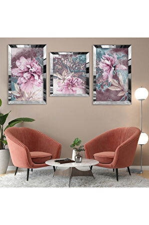 Gümüş Aynalı Pleksi Çerçeveli Mor Çiçek Üçlü Mdf Tablo Seti