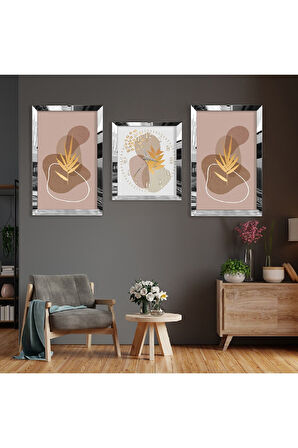 Gümüş Aynalı Pleksi Çerçeveli Üçlü Soyut Desen Şekiller Gümüş Üçlü Mdf Tablo Seti