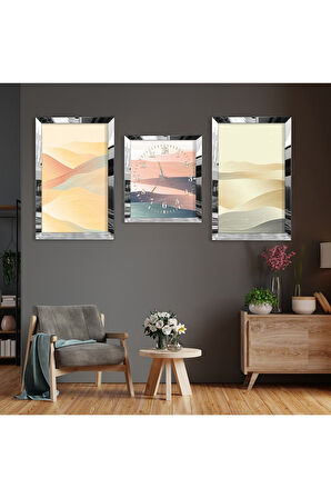Gold Aynalı Pleksi Çerçeveli Üçlü Soyut Desen Kum Gold Üçlü Mdf Tablo Seti