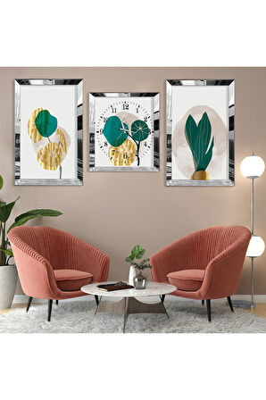 Soyut Desen Bitki Gold Pleksi Kenar Üçlü Mdf Tablo Seti