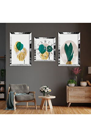 Soyut Desen Bitki Gold Pleksi Kenar Üçlü Mdf Tablo Seti