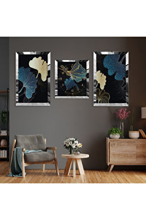 Soyut Desen Çiçek Gümüş Pleksi Kenar Üçlü Mdf Tablo Seti