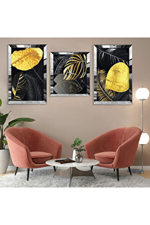 Soyut Desen Yaprak Gold Pleksi Kenar Üçlü Mdf Tablo Seti