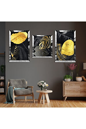 Soyut Desen Yaprak Gold Pleksi Kenar Üçlü Mdf Tablo Seti