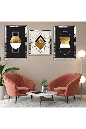 Soyut Desen Şekiller Gümüş Pleksi Kenar Üçlü Mdf Tablo Seti