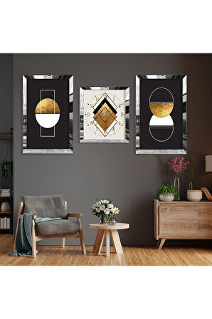 Soyut Desen Şekiller Gümüş Pleksi Kenar Üçlü Mdf Tablo Seti