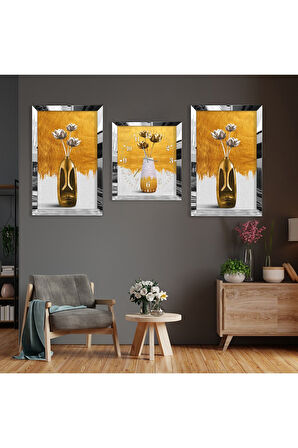 Vazolu Çiçek Soyut Desen Gold Pleksi Kenar Üçlü Mdf Tablo Seti