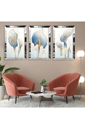Çiçek Soyut Desen Gold Pleksi Kenar Üçlü Mdf Tablo Seti
