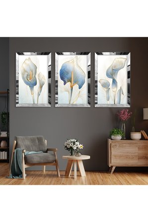 Çiçek Soyut Desen Gold Pleksi Kenar Üçlü Mdf Tablo Seti