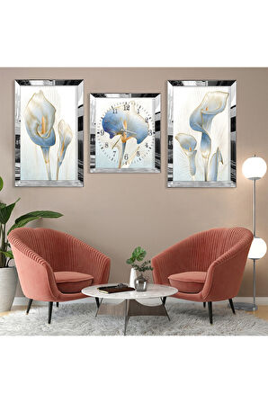 Çiçek Soyut Desen Gold Pleksi Kenar Üçlü Mdf Tablo Seti