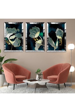 Bitki Soyut Desen Gold Pleksi Kenar Üçlü Mdf Tablo Seti
