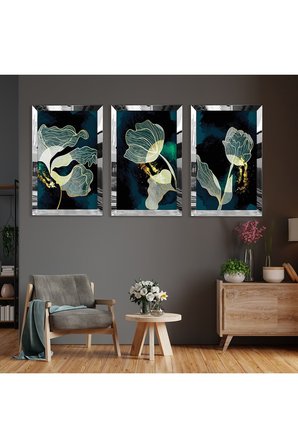 Bitki Soyut Desen Gold Pleksi Kenar Üçlü Mdf Tablo Seti