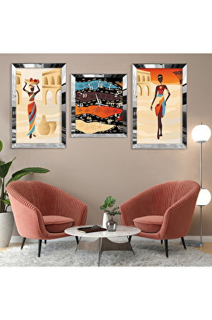 Mısır Medeniyeti Soyut Desen Gümüş Pleksi Kenar Üçlü Mdf Tablo Seti