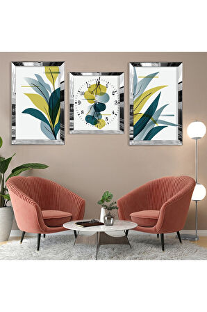 Minimalist Çiçek Soyut Desen Gold Pleksi Kenar Üçlü Mdf Tablo Seti