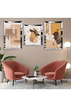 Soyut Desen Gold Pleksi Kenar Üçlü Mdf Tablo Seti