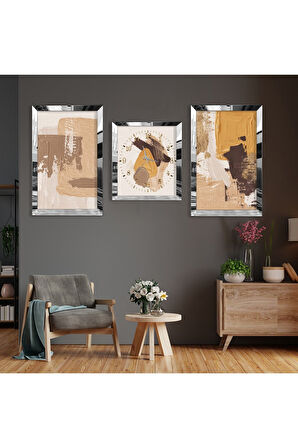 Soyut Desen Gold Pleksi Kenar Üçlü Mdf Tablo Seti