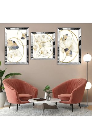 Minimalist Çiçek Soyut Desen Gümüş Pleksi Kenar Üçlü Mdf Tablo Seti Ve Saat Seti