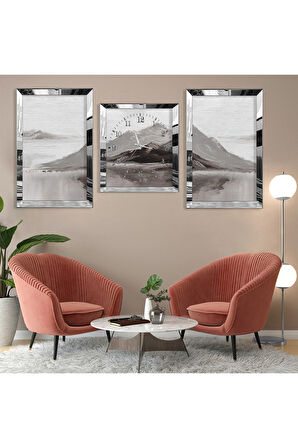 Gümüş Aynalı Pleksi Çerçeveli Minimalist Dağ Manzara Desenli Soyut Üçlü Mdf Tablo Seti