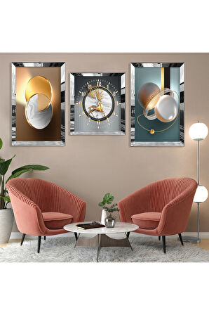 Geyik Soyut Desen Gold Pleksi Kenar Üçlü Mdf Tablo Seti