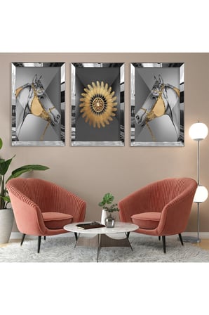 At Soyut Desen Gold Pleksi Kenar Üçlü Mdf Tablo Seti