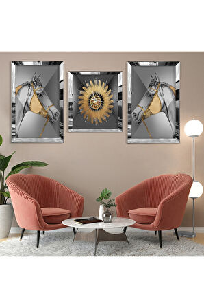 At Soyut Desen Gold Pleksi Kenar Üçlü Mdf Tablo Seti