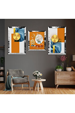 Soyut Desen Gold Pleksi Kenar Üçlü Mdf Tablo Seti