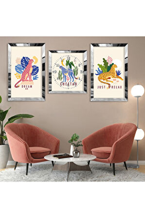 Çita Soyut Desen Gümüş Pleksi Kenar Üçlü Mdf Tablo Seti