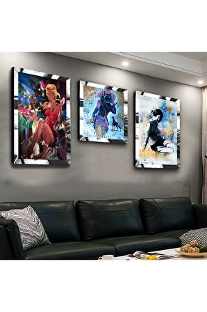 Gold Aynalı Pleksi Çerçeveli Marilyn Monroe Üçlü Mdf Tablo Seti Ve Saat Seti