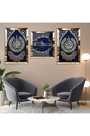 Gümüş Aynalı Pleksi Çerçeveli Besmele Dini Model Üçlü Mdf Tablo Seti Ve Saat Seti