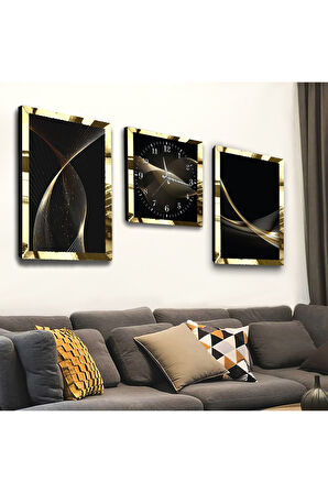 Gold Aynalı Pleksi Çerçeveli Siyah Renk Üçlü Mdf Tablo Seti