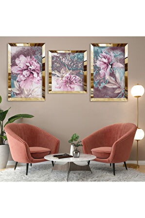 Gümüş Aynalı Pleksi Çerçeveli Mor Çiçek Üçlü Mdf Tablo Seti