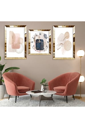 Soyut Desen Taş Gold Pleksi Kenar Üçlü Mdf Tablo Seti