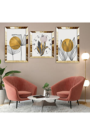 Soyut Desen Bitki Ve Güneş Gümüş Pleksi Kenar Üçlü Mdf Tablo Seti